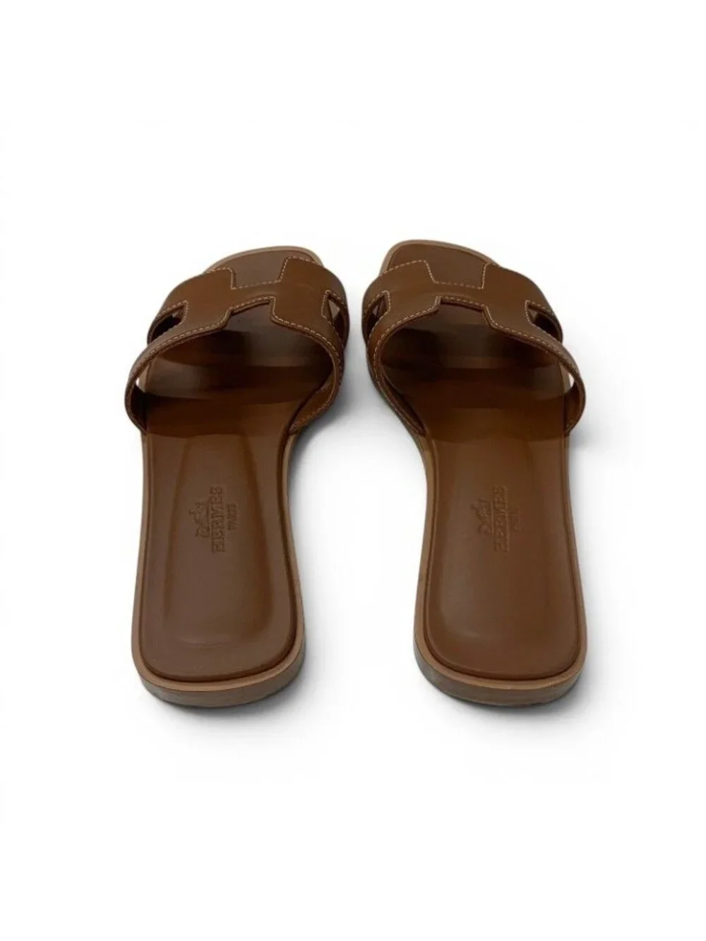 Hermes Oran Sandals Shoes Leather Brown Flat Mules